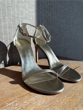 Stuart Weitzman Metallic Taupe Ankle-Strap Heels